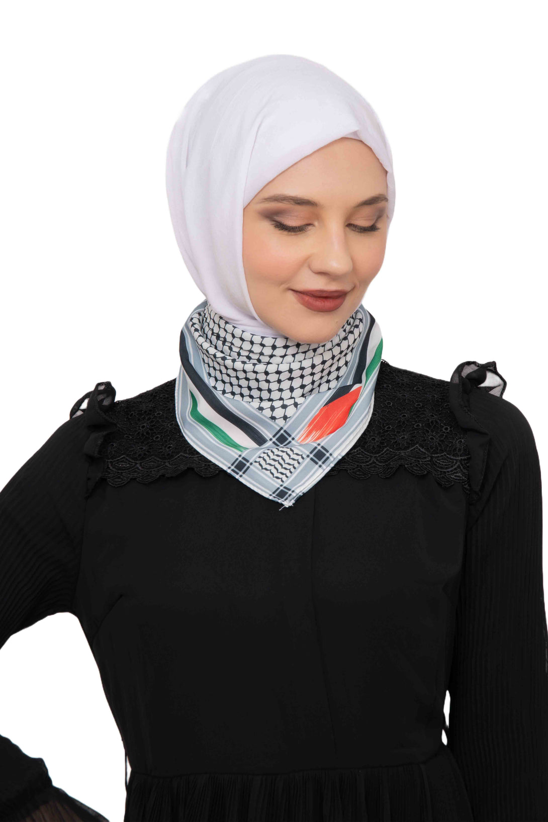 Zaytoon Gift Foular Striped Palestinian Scarf Keffiyeh with Small Palestinian Flag Tassel-Less Unisex