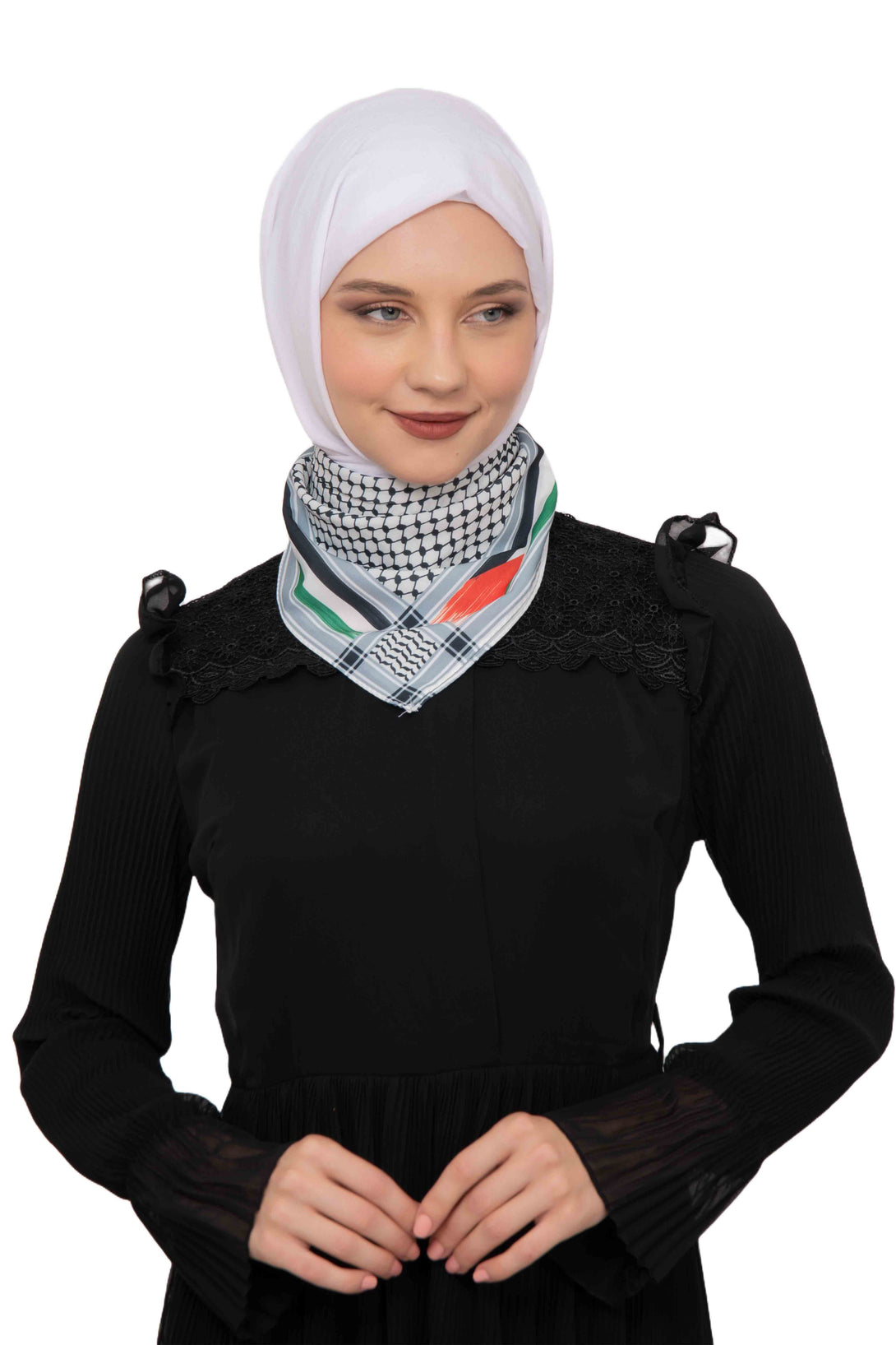 Zaytoon Gift Foular Striped Palestinian Scarf Keffiyeh with Small Palestinian Flag Tassel-Less Unisex