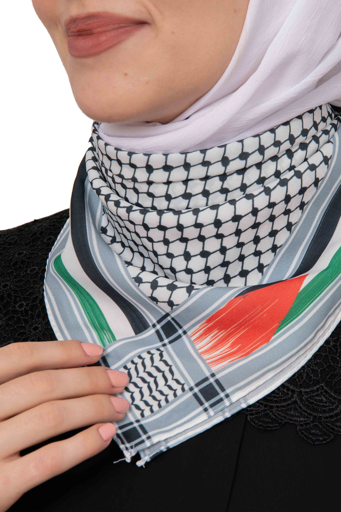 Zaytoon Gift Foular Striped Palestinian Scarf Keffiyeh with Small Palestinian Flag Tassel-Less Unisex