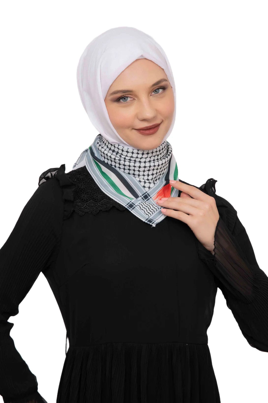 Zaytoon Gift Foular Striped Palestinian Scarf Keffiyeh with Small Palestinian Flag Tassel-Less Unisex