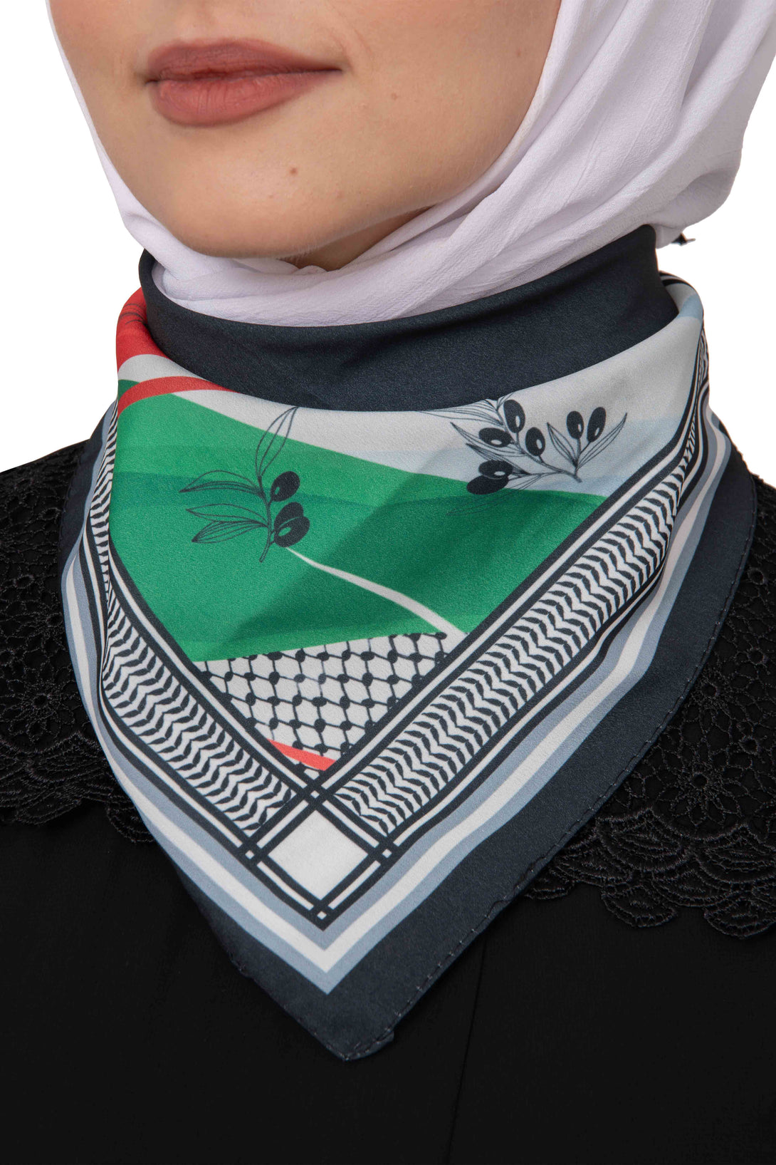 Zaytoon Gift Foular Unisex Tassel-Less Palestinian Olive and Flag Printed Scarf