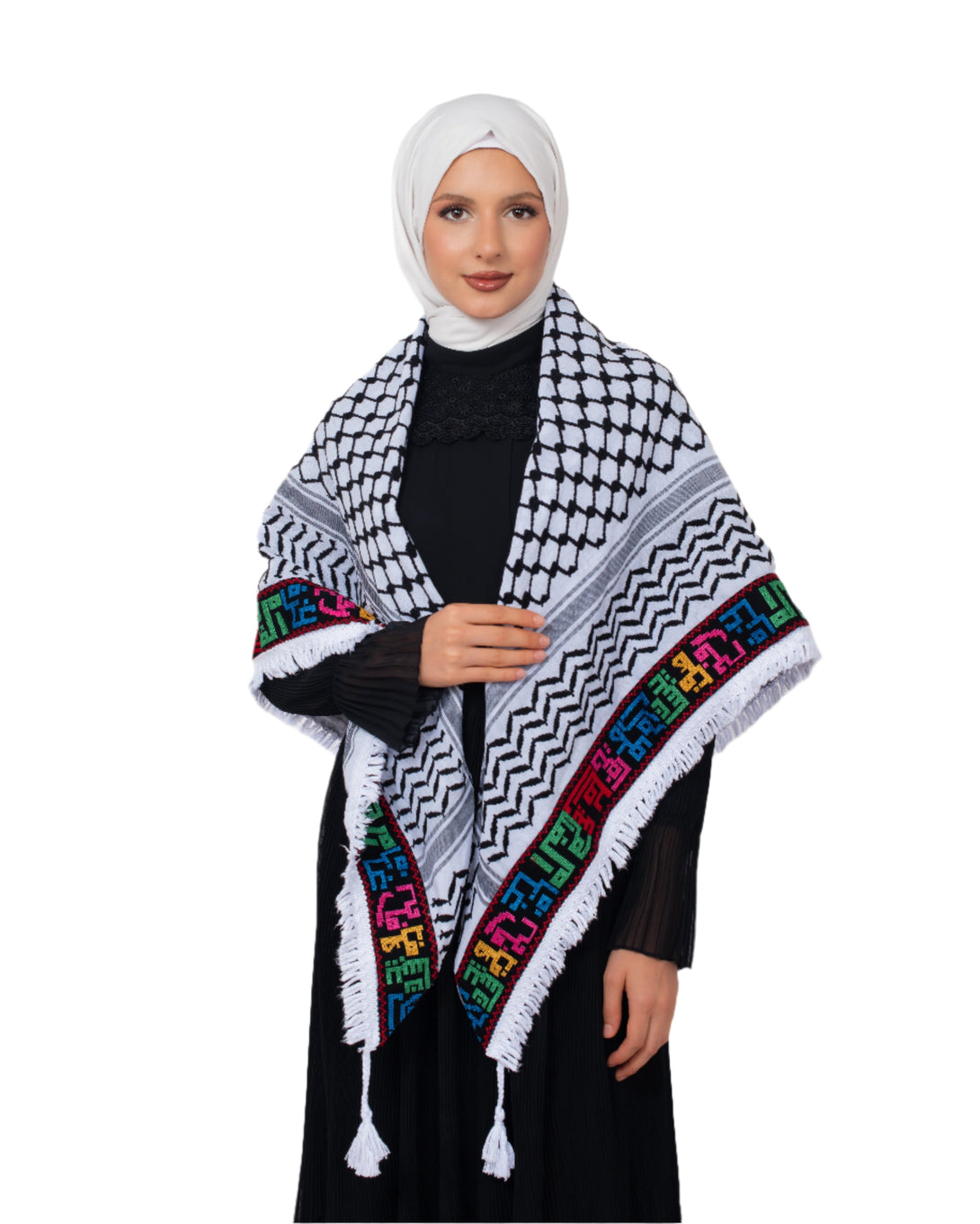 Zaytoon Gift Pushpa Black Checkered Palestine Cities Edged Keffiyeh Tasseled Palestine Scarf