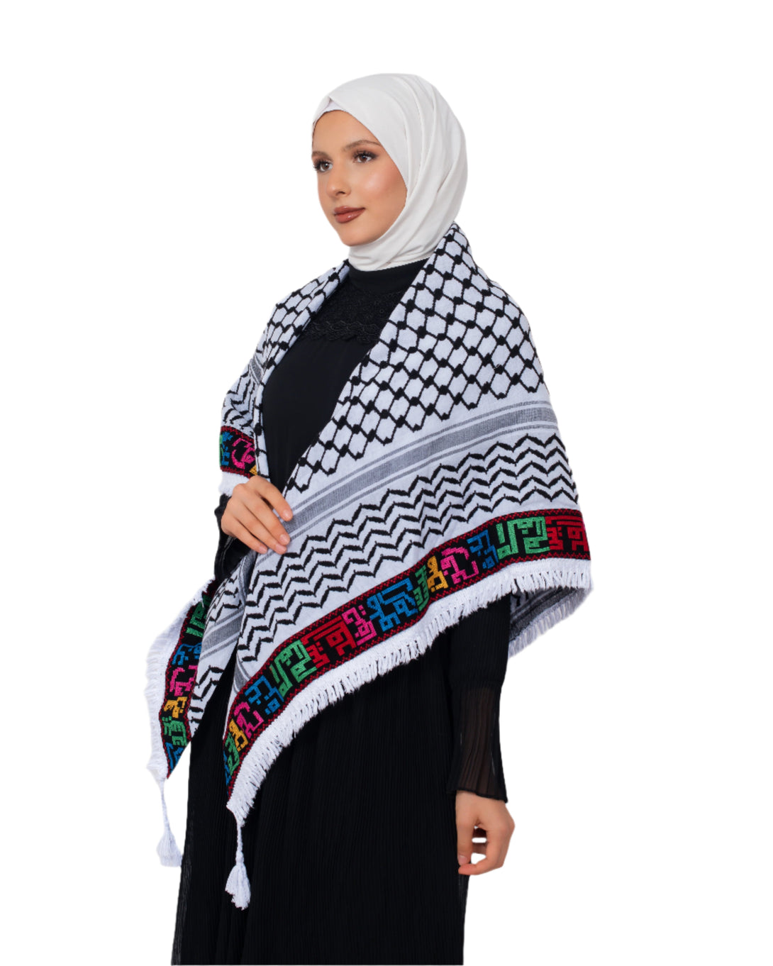 Zaytoon Gift Pushpa Black Checkered Palestine Cities Edged Keffiyeh Tasseled Palestine Scarf