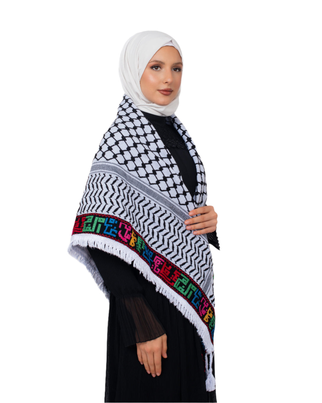 Zaytoon Gift Pushpa Black Checkered Palestine Cities Edged Keffiyeh Tasseled Palestine Scarf