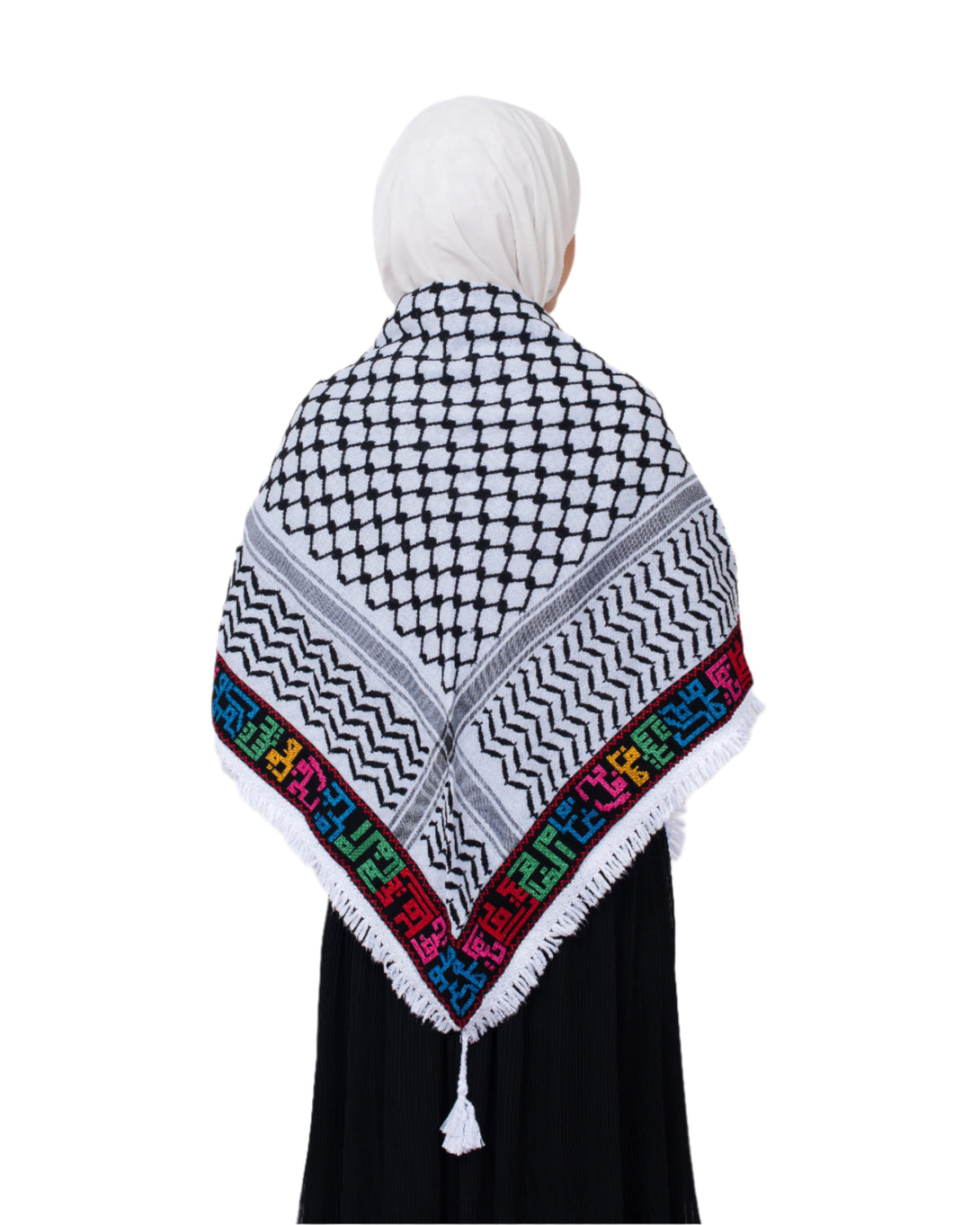 Zaytoon Gift Pushpa Black Checkered Palestine Cities Edged Keffiyeh Tasseled Palestine Scarf