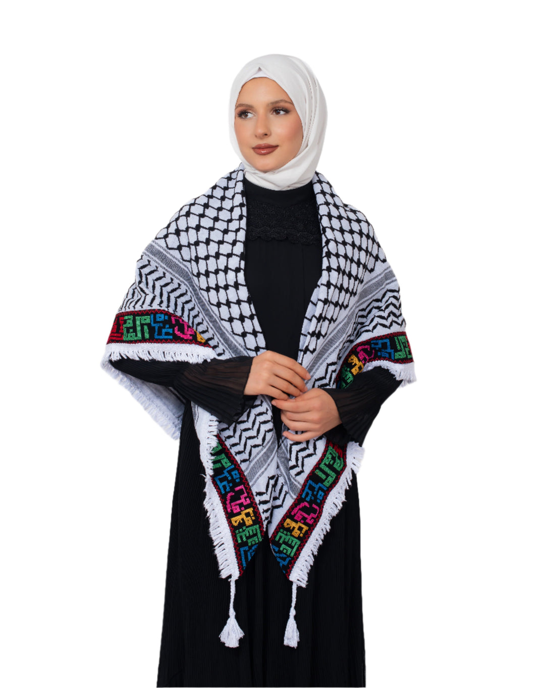 Zaytoon Gift Pushpa Black Checkered Palestine Cities Edged Keffiyeh Tasseled Palestine Scarf