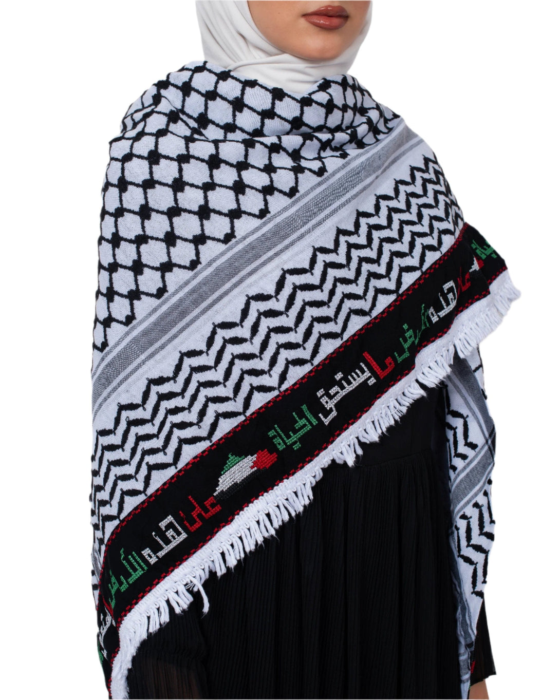 Zaytoon Gift Pushpa Black Checkered Palestinian Arabic Proverb Keffiyeh Tasseled Palestinian Scarf