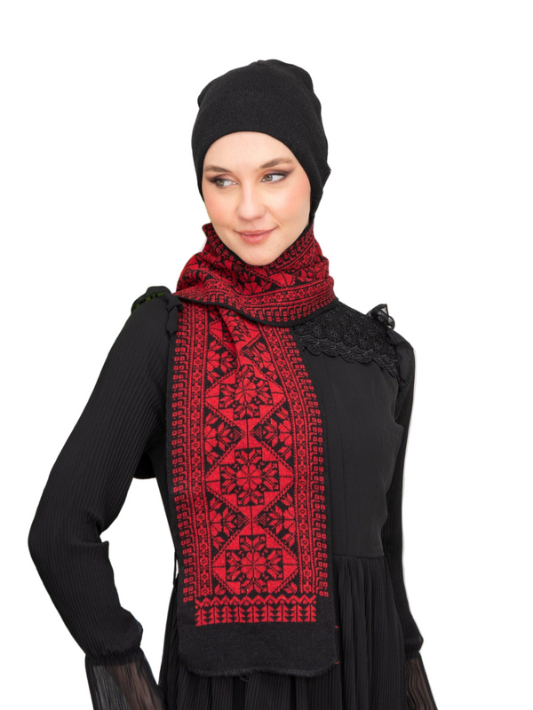 Winter knitted cap and scarf set with traditional embroidery pattern