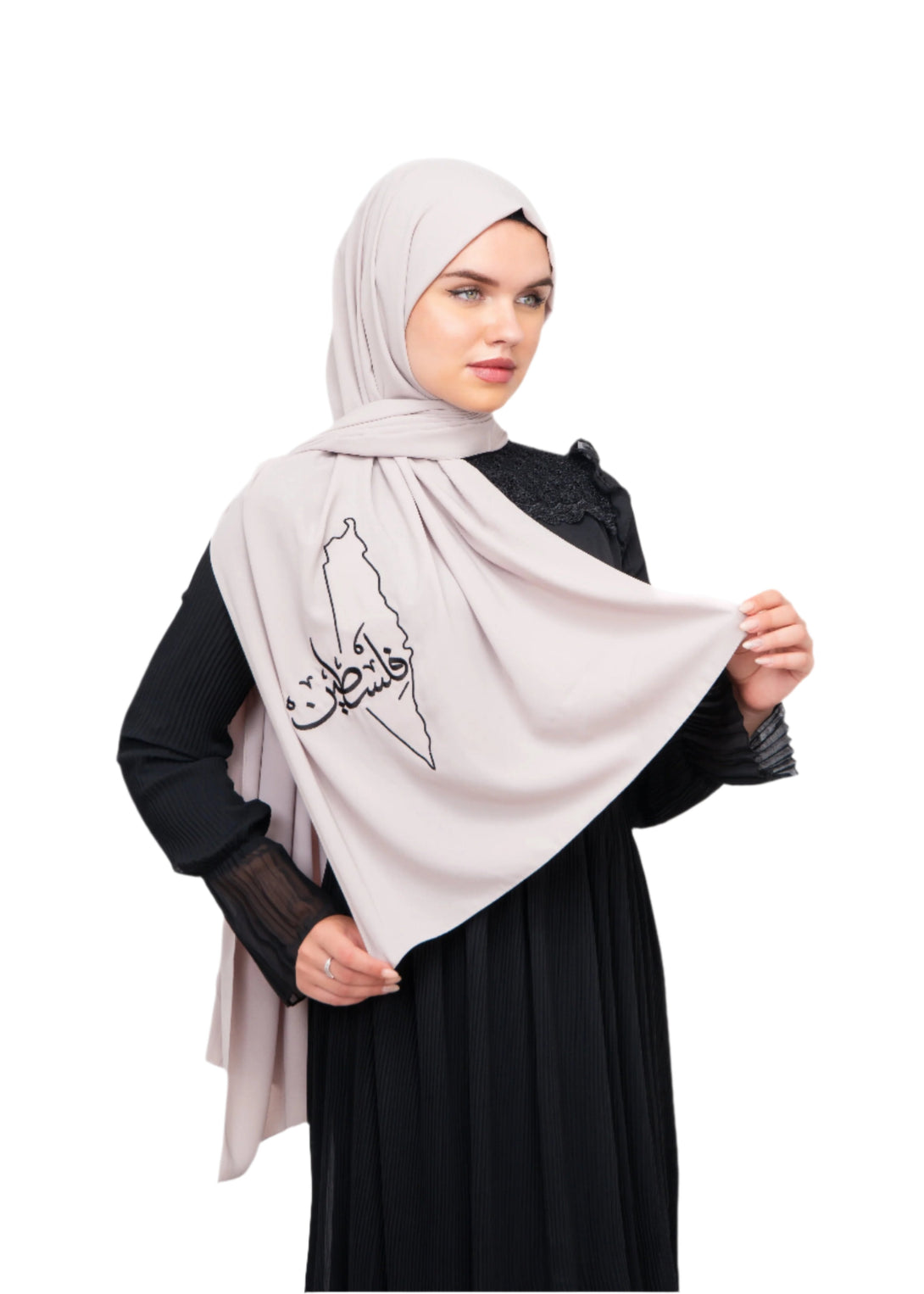 Zaytoon Gift Shawl Beige polyester shawl with Palestine map embroidery and the word Palestine in black