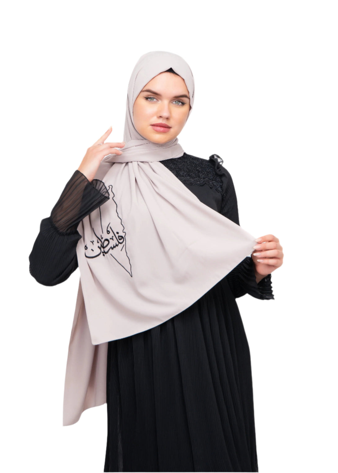 Zaytoon Gift Shawl Beige polyester shawl with Palestine map embroidery and the word Palestine in black