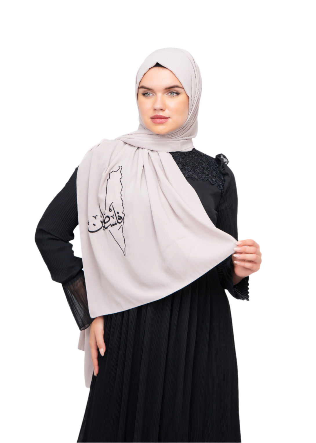 Zaytoon Gift Shawl Beige polyester shawl with Palestine map embroidery and the word Palestine in black