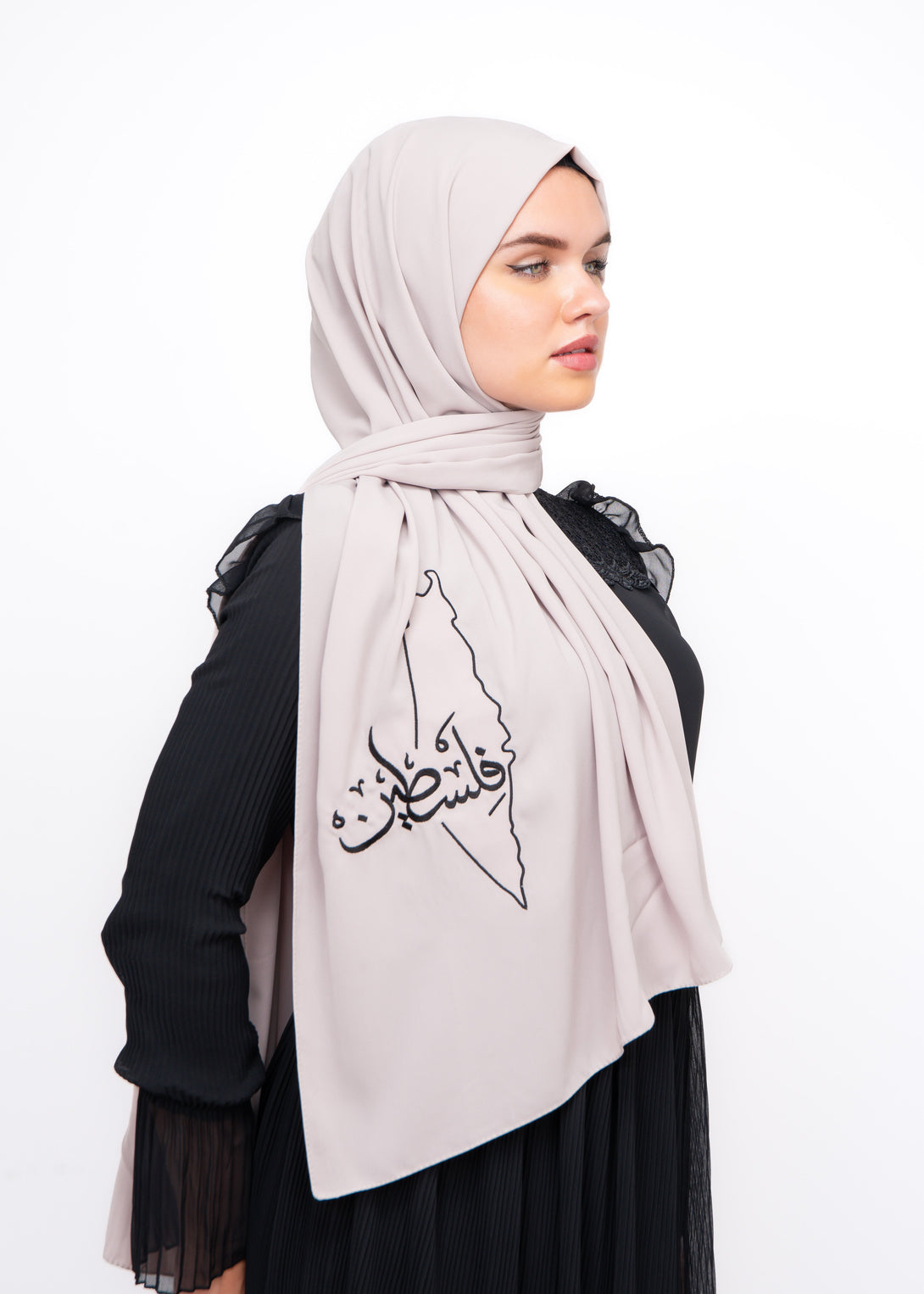 Zaytoon Gift Shawl Beige polyester shawl with Palestine map embroidery and the word Palestine in black