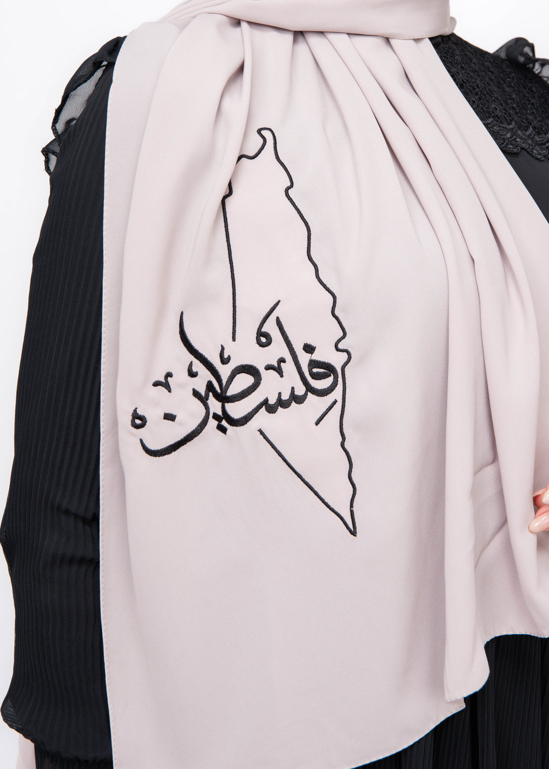 Zaytoon Gift Shawl Beige polyester shawl with Palestine map embroidery and the word Palestine in black