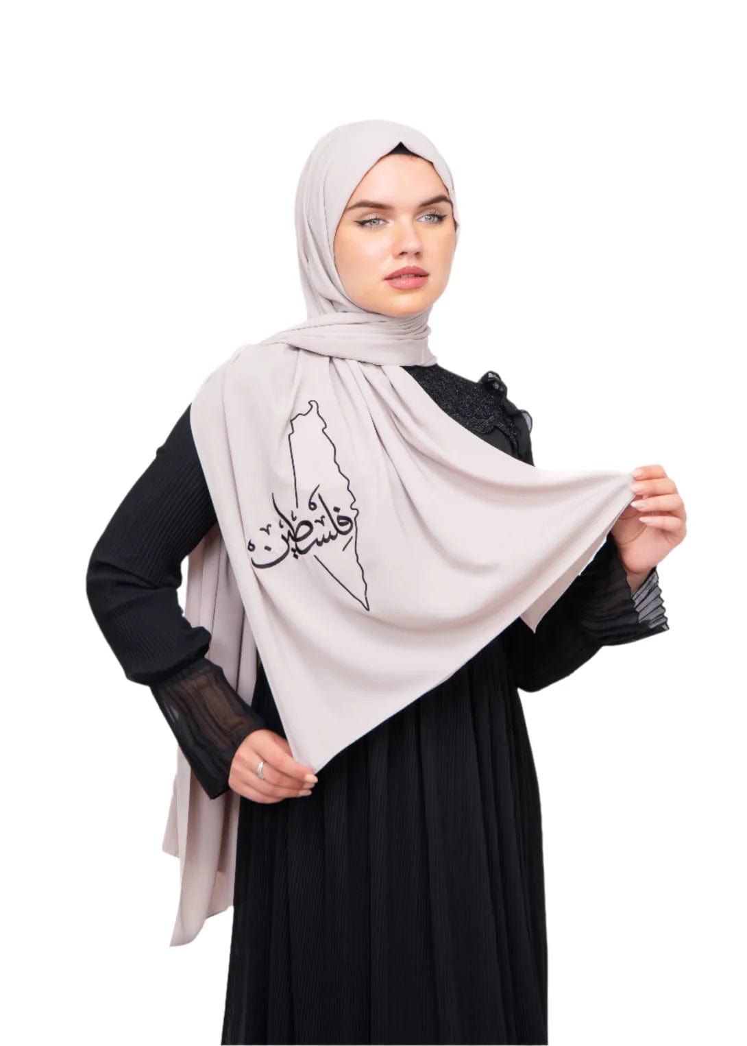 Zaytoon Gift Shawl Beige polyester shawl with Palestine map embroidery and the word Palestine in black