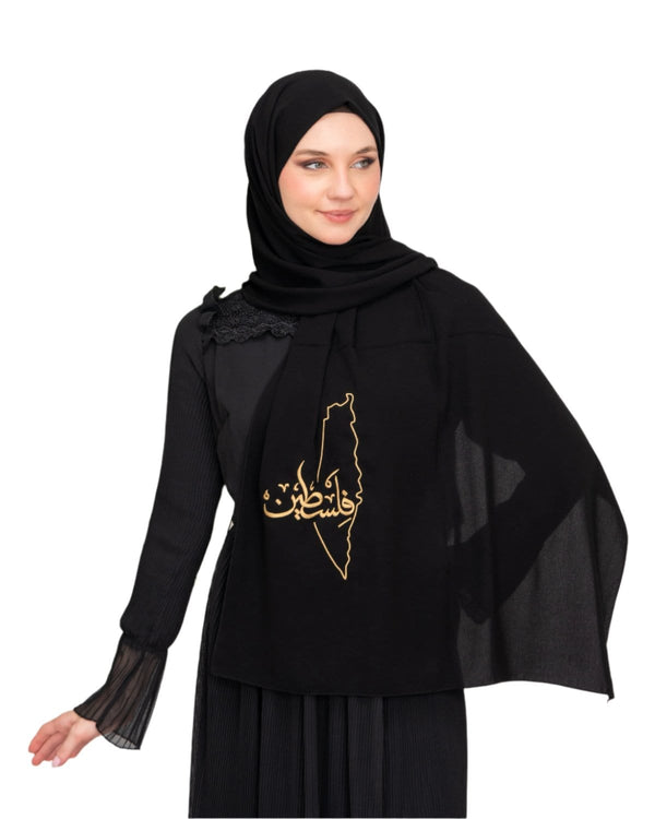 Zaytoon Gift Shawl Black Polyester Shawl With Palestine Map Embroidery And The Word Palestine in Gold