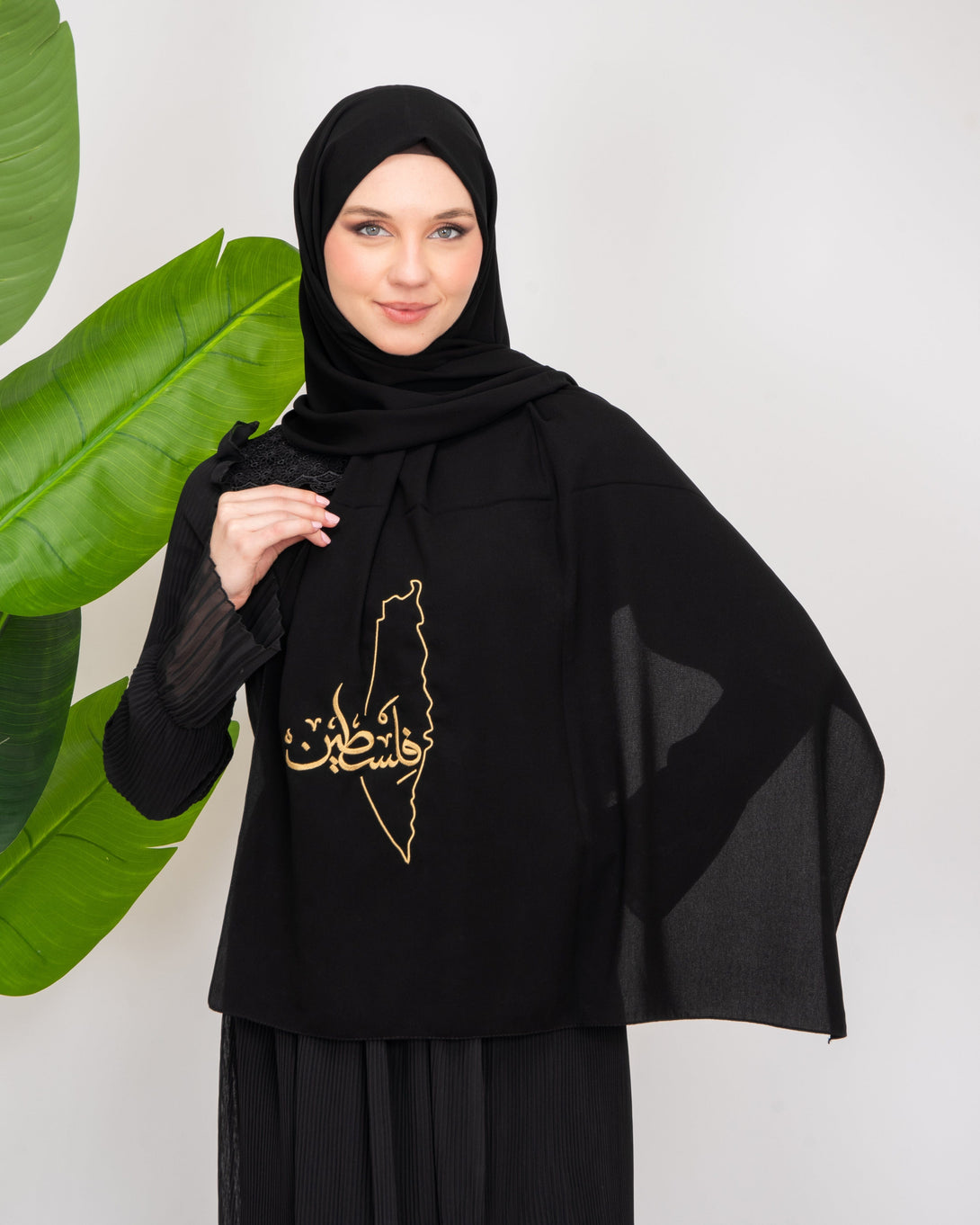 Zaytoon Gift Shawl Black Polyester Shawl With Palestine Map Embroidery And The Word Palestine in Gold