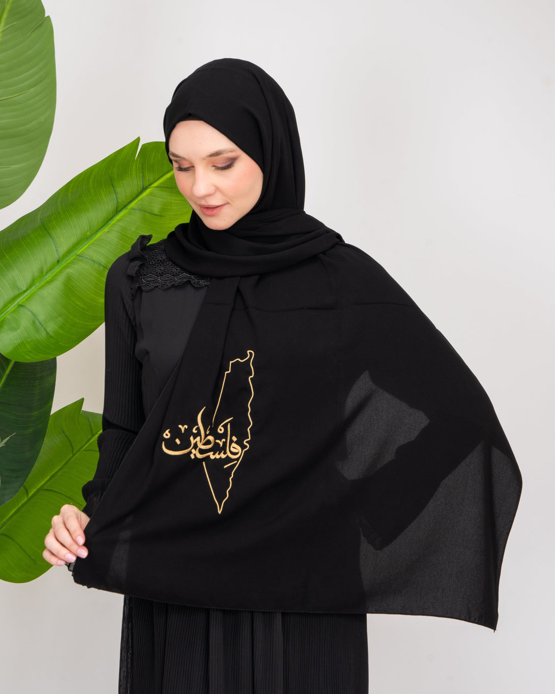 Zaytoon Gift Shawl Black Polyester Shawl With Palestine Map Embroidery And The Word Palestine in Gold