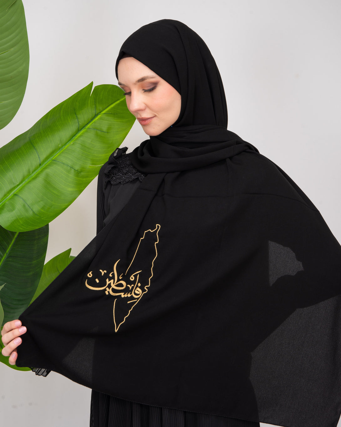 Zaytoon Gift Shawl Black Polyester Shawl With Palestine Map Embroidery And The Word Palestine in Gold