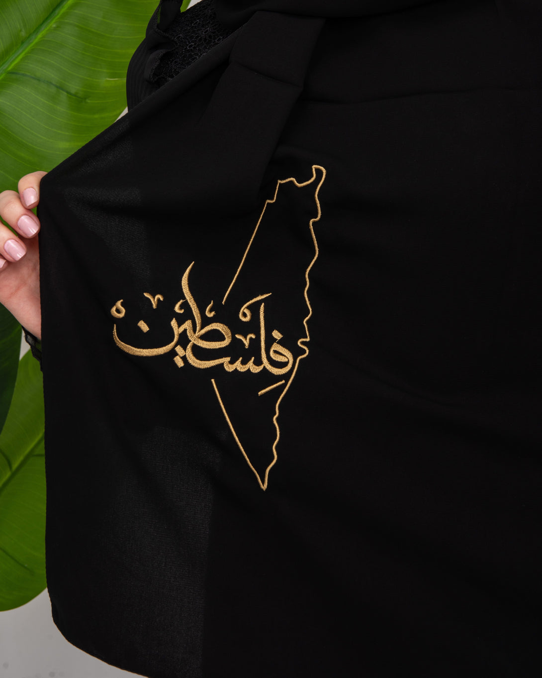 Zaytoon Gift Shawl Black Polyester Shawl With Palestine Map Embroidery And The Word Palestine in Gold