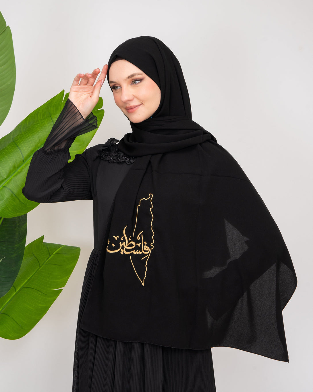 Zaytoon Gift Shawl Black Polyester Shawl With Palestine Map Embroidery And The Word Palestine in Gold