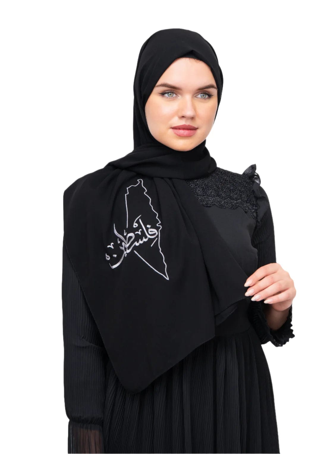 Zaytoon Gift Shawl Black polyester shawl with Palestine map embroidery and the word Palestine in silver