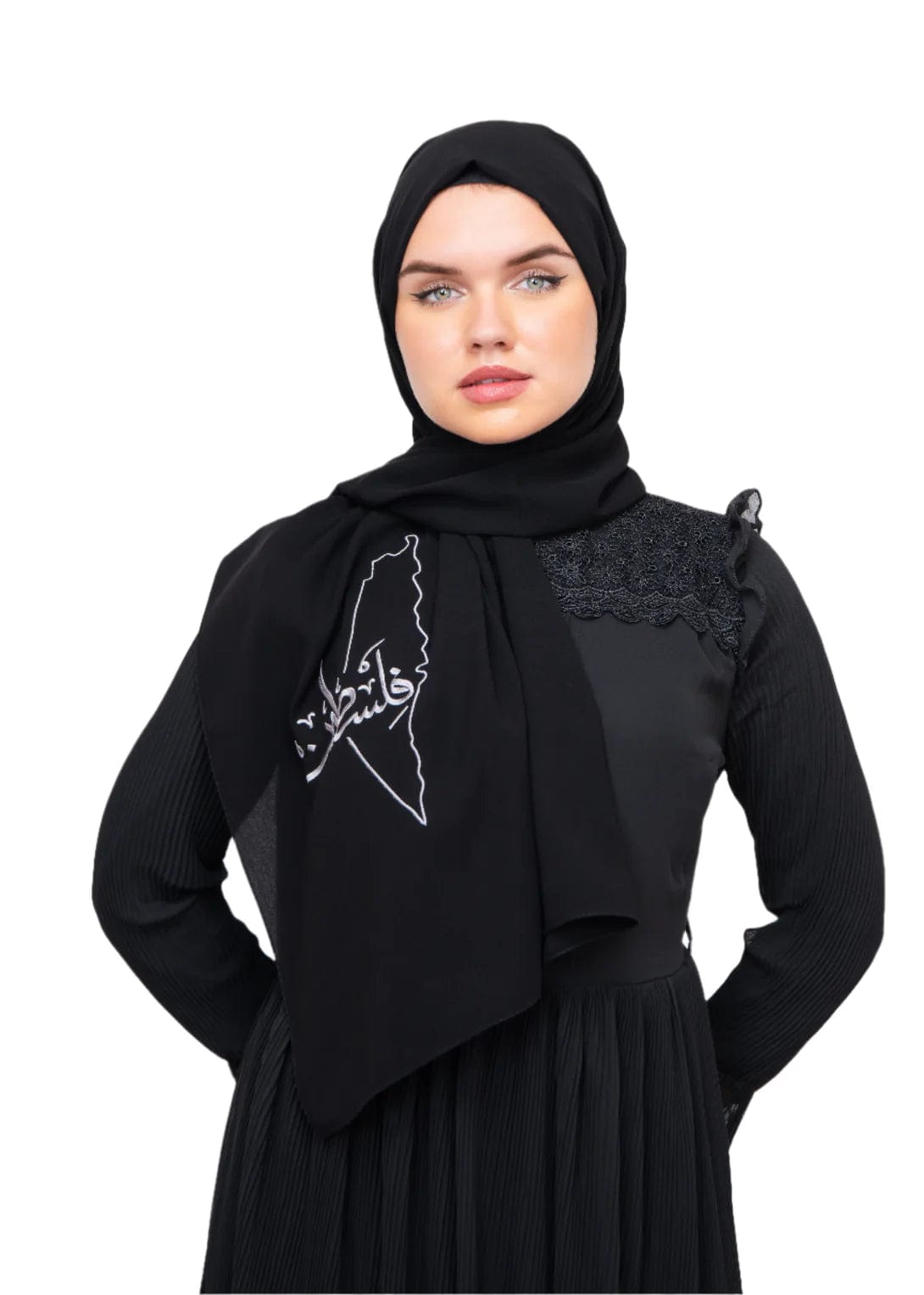 Zaytoon Gift Shawl Black polyester shawl with Palestine map embroidery and the word Palestine in silver