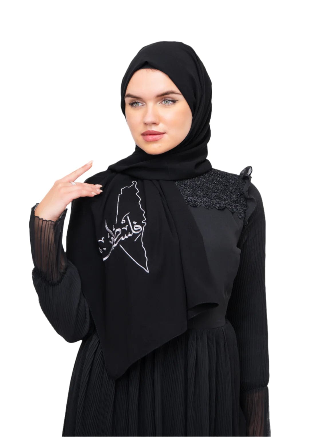 Zaytoon Gift Shawl Black polyester shawl with Palestine map embroidery and the word Palestine in silver