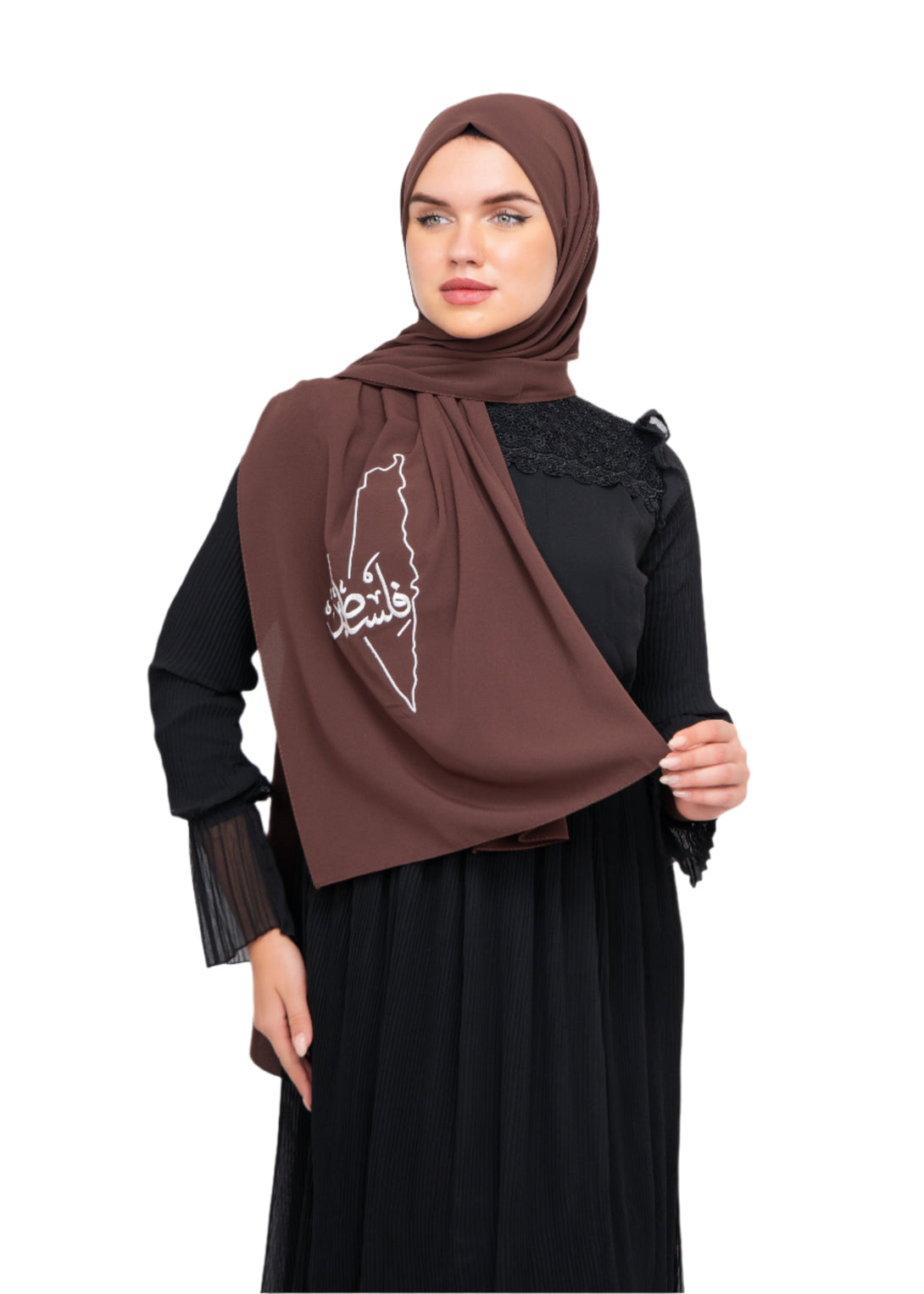 Zaytoon Gift Shawl Brown polyester shawl with Palestine map embroidery and the word Palestine in white