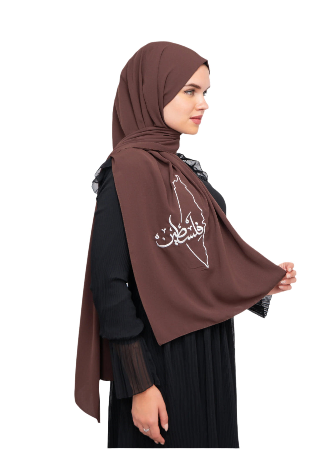 Zaytoon Gift Shawl Brown polyester shawl with Palestine map embroidery and the word Palestine in white