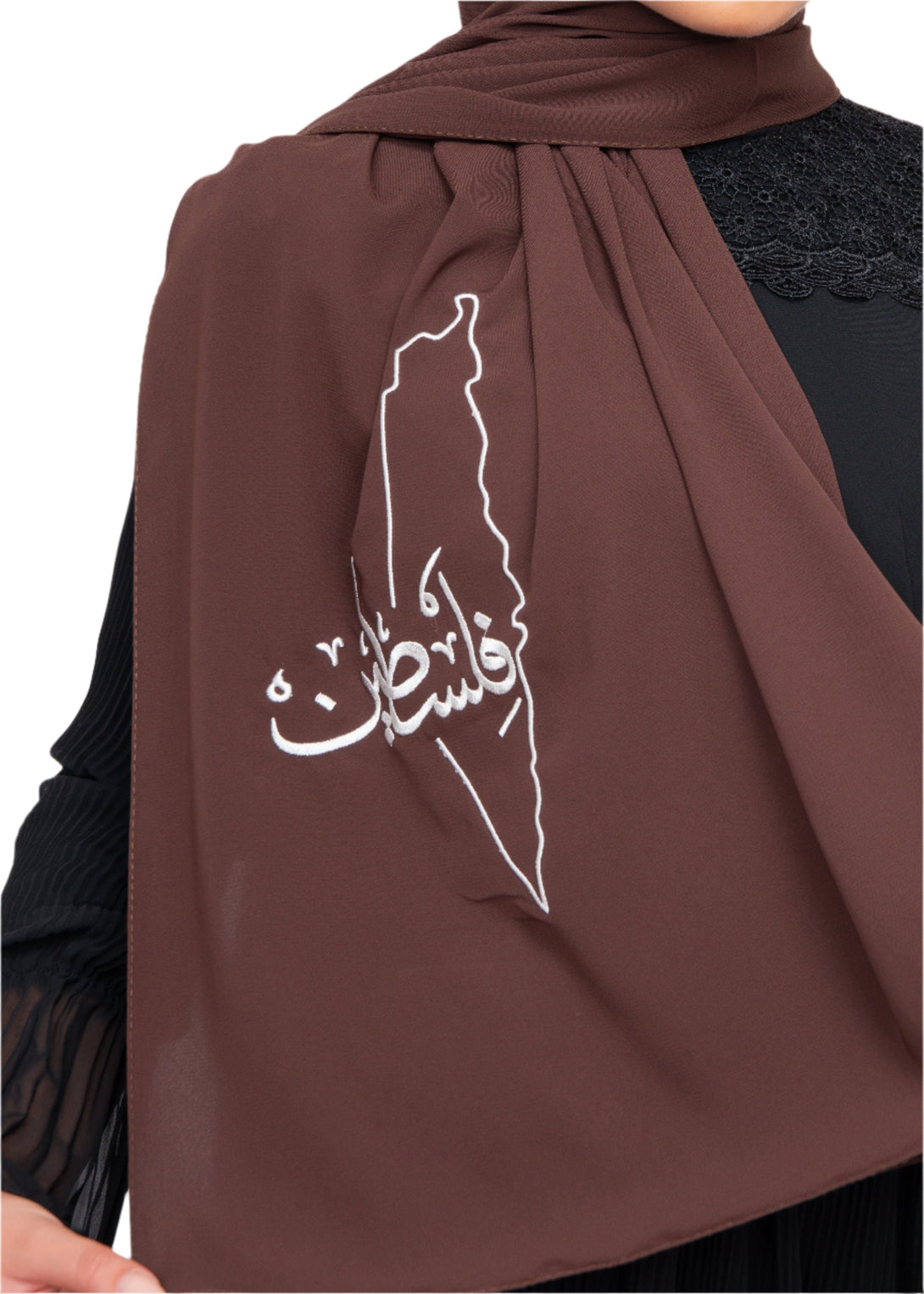 Zaytoon Gift Shawl Brown polyester shawl with Palestine map embroidery and the word Palestine in white