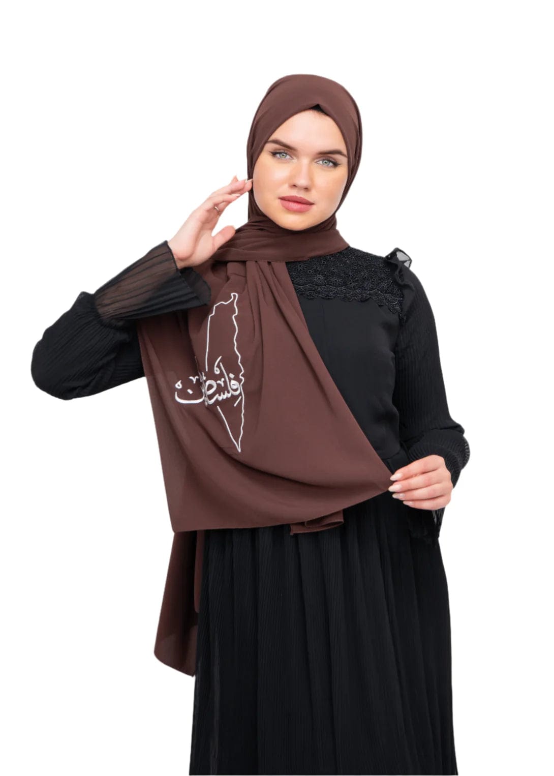 Zaytoon Gift Shawl Brown polyester shawl with Palestine map embroidery and the word Palestine in white