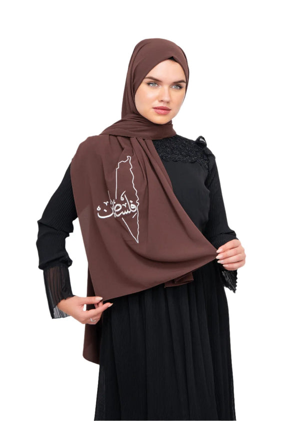 Zaytoon Gift Shawl Brown polyester shawl with Palestine map embroidery and the word Palestine in white