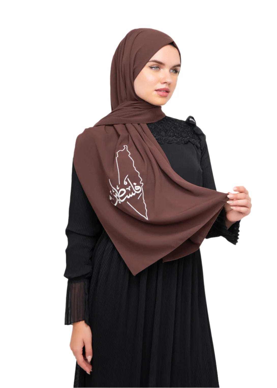 Zaytoon Gift Shawl Brown polyester shawl with Palestine map embroidery and the word Palestine in white