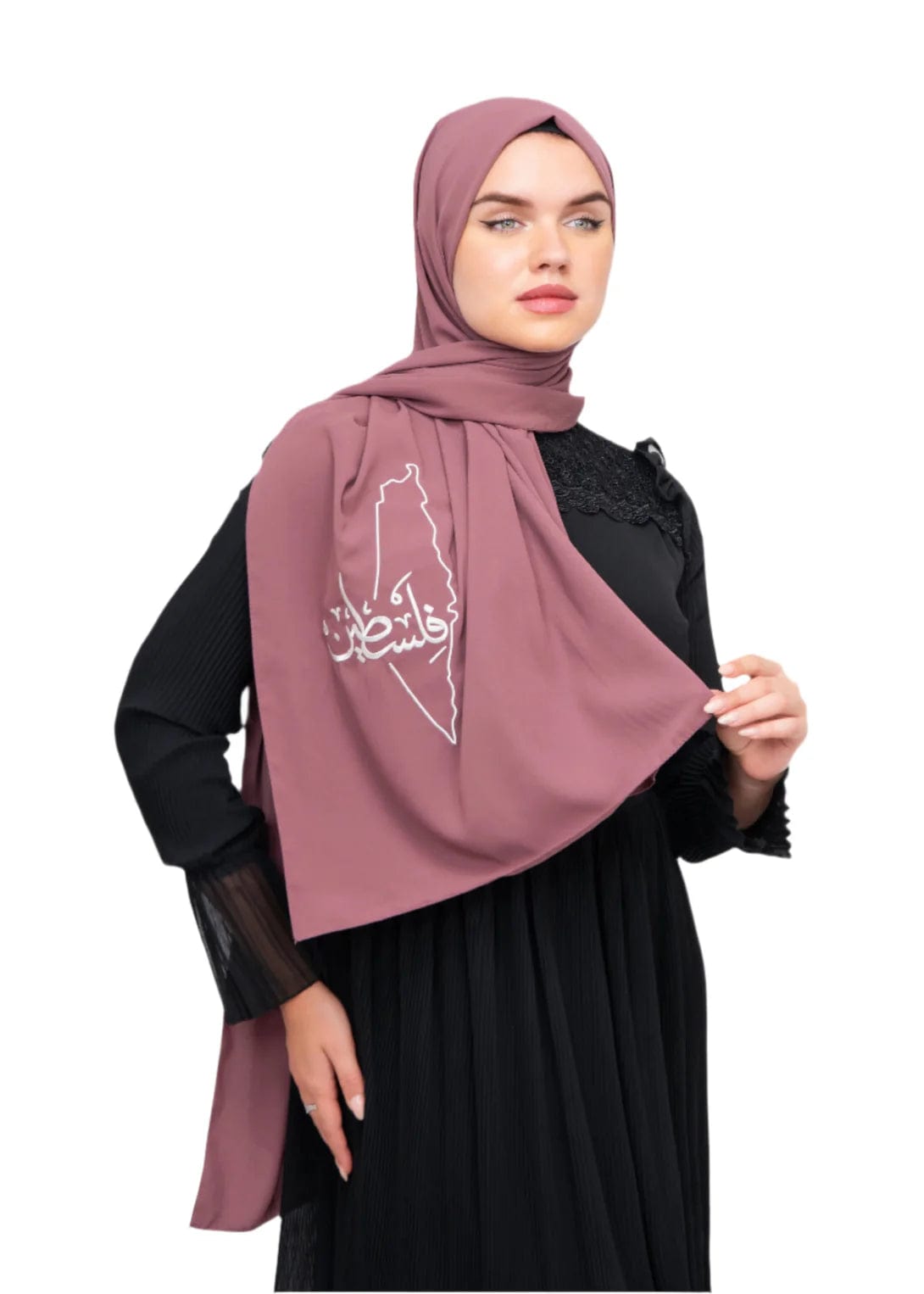 Zaytoon Gift Shawl Light brown polyester shawl with Palestine map embroidery and the word Palestine in white