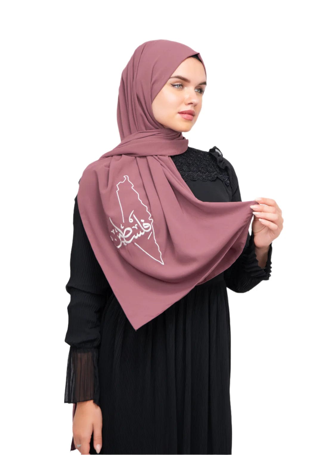 Zaytoon Gift Shawl Light brown polyester shawl with Palestine map embroidery and the word Palestine in white