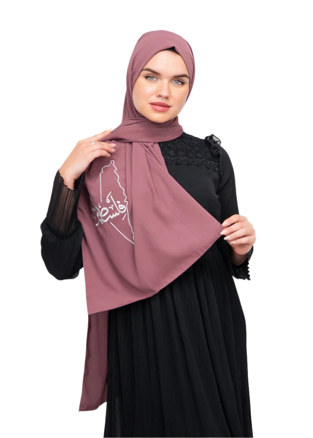 Zaytoon Gift Shawl Light brown polyester shawl with Palestine map embroidery and the word Palestine in white