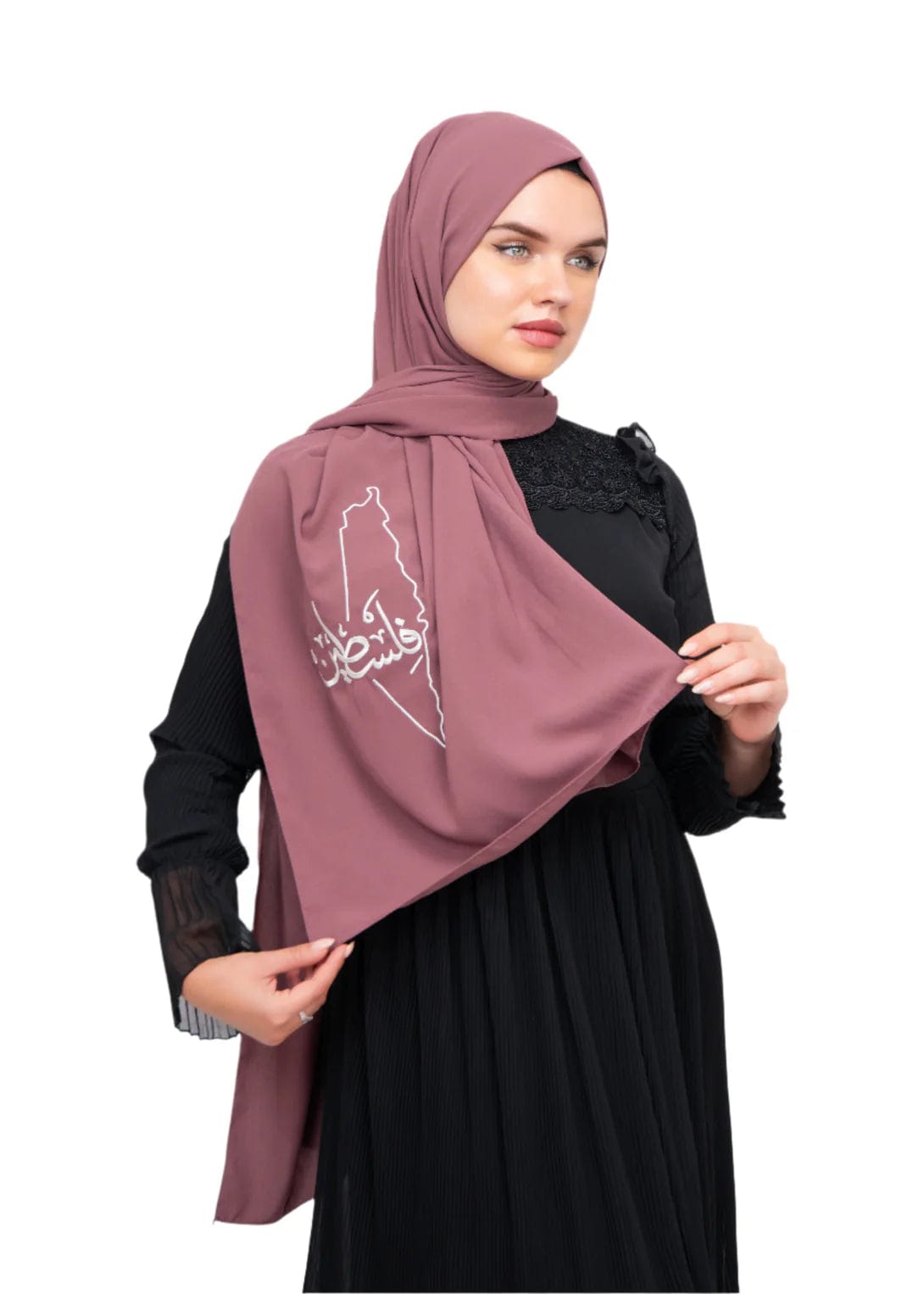 Zaytoon Gift Shawl Light brown polyester shawl with Palestine map embroidery and the word Palestine in white