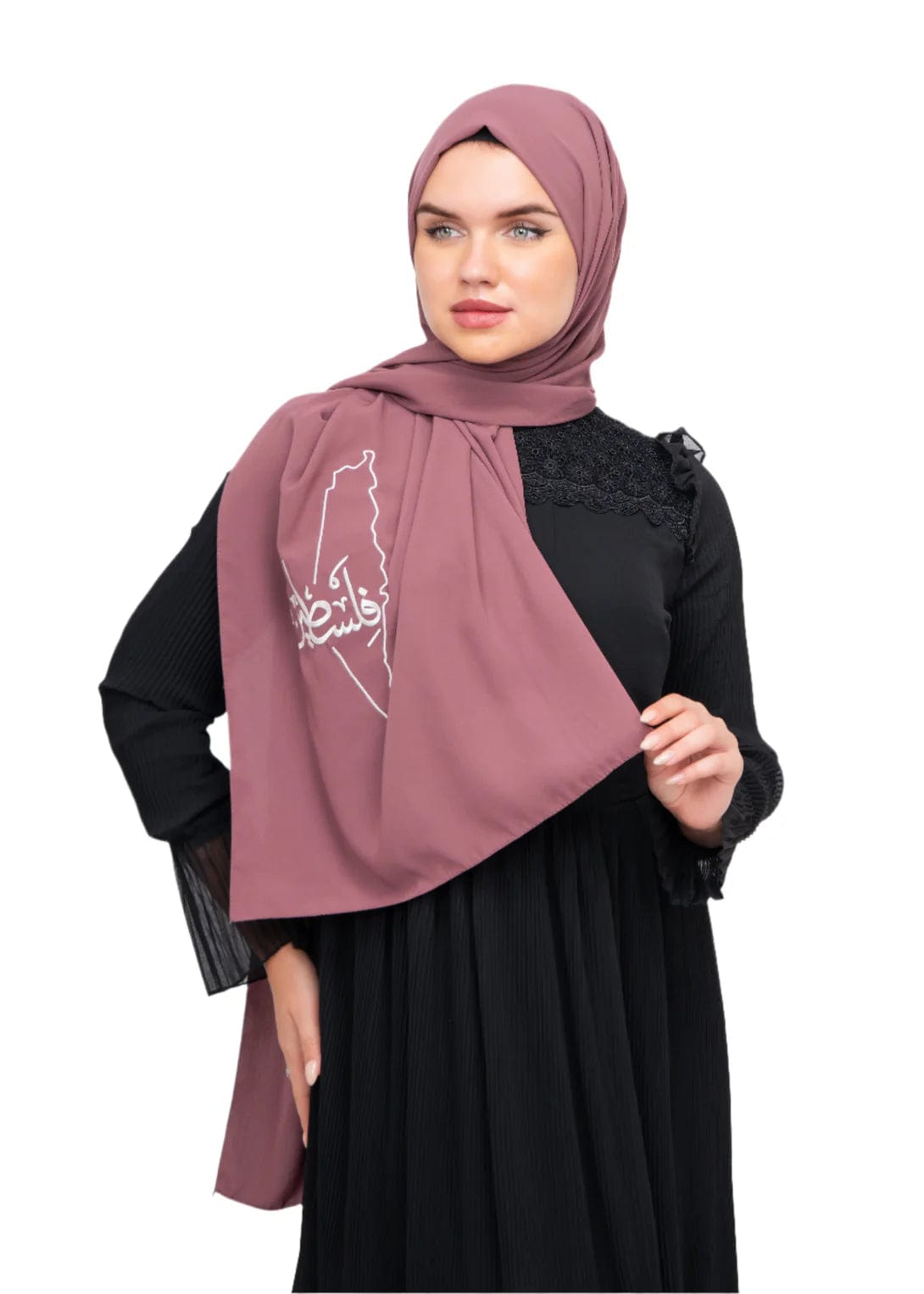 Zaytoon Gift Shawl Light brown polyester shawl with Palestine map embroidery and the word Palestine in white