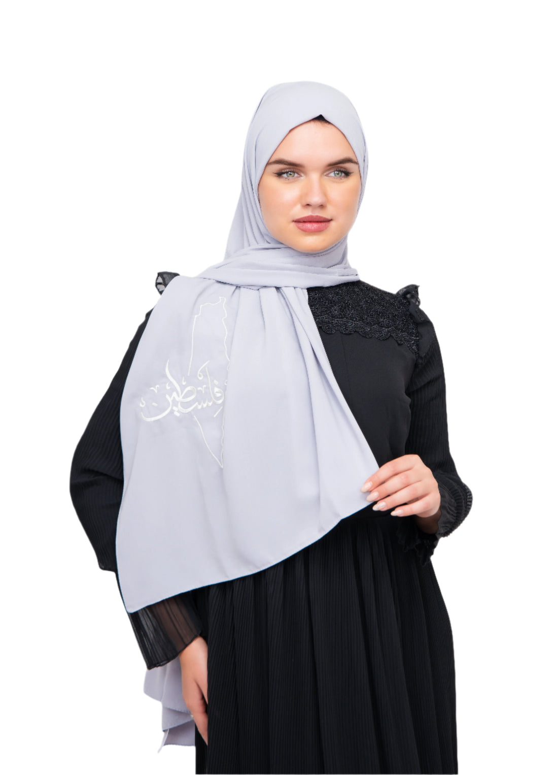 Zaytoon Gift Shawl Light grey polyester shawl with Palestine map and word Palestine embroidery in white