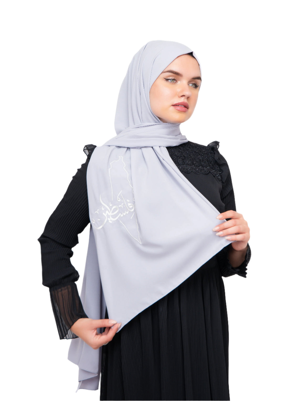 Zaytoon Gift Shawl Light grey polyester shawl with Palestine map and word Palestine embroidery in white