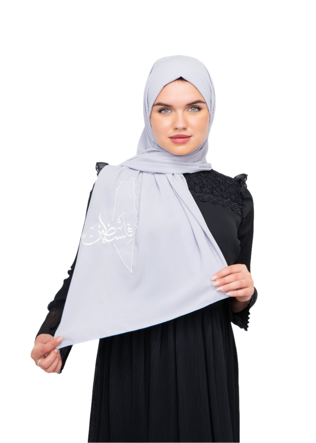 Zaytoon Gift Shawl Light grey polyester shawl with Palestine map and word Palestine embroidery in white