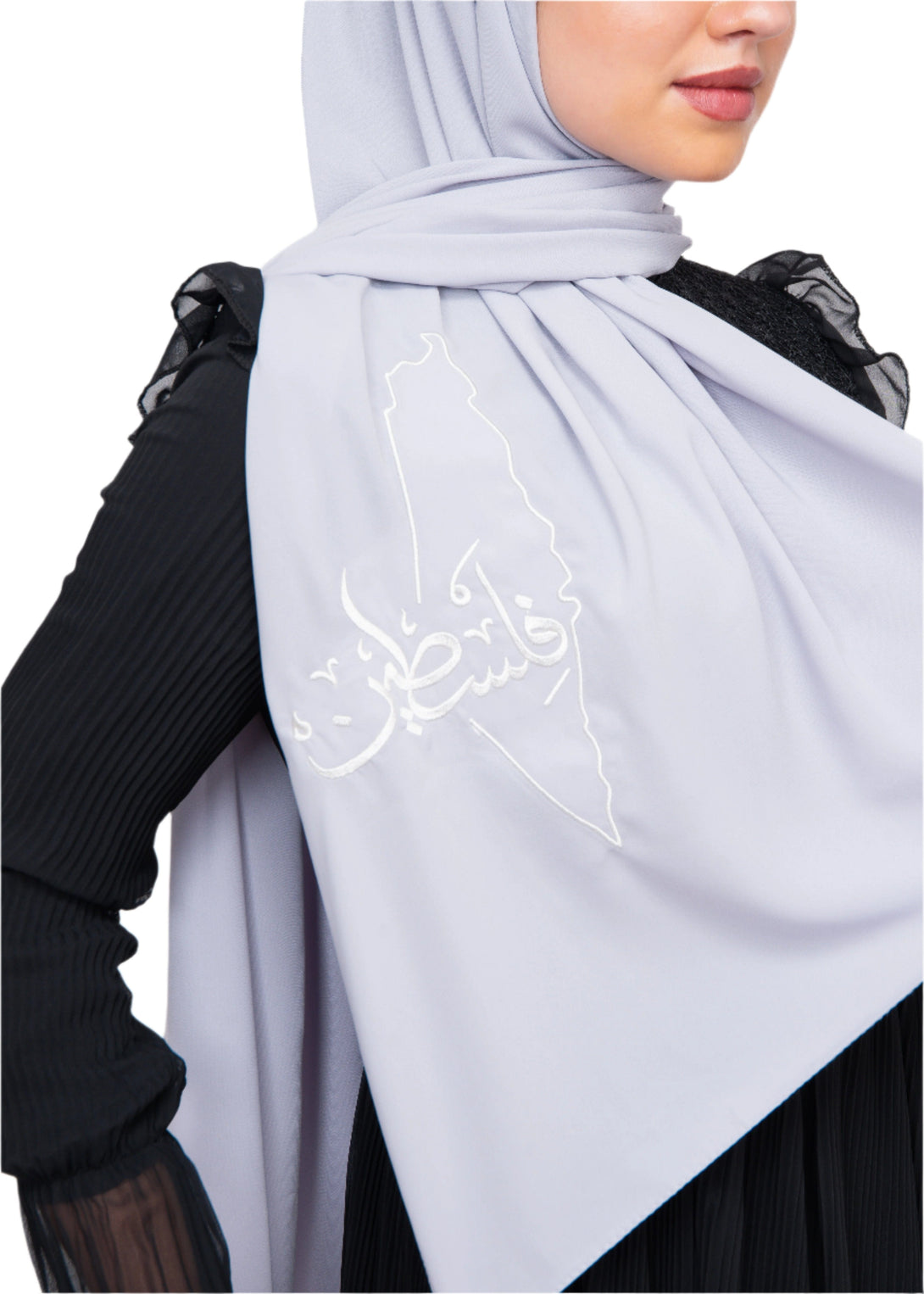 Zaytoon Gift Shawl Light grey polyester shawl with Palestine map and word Palestine embroidery in white