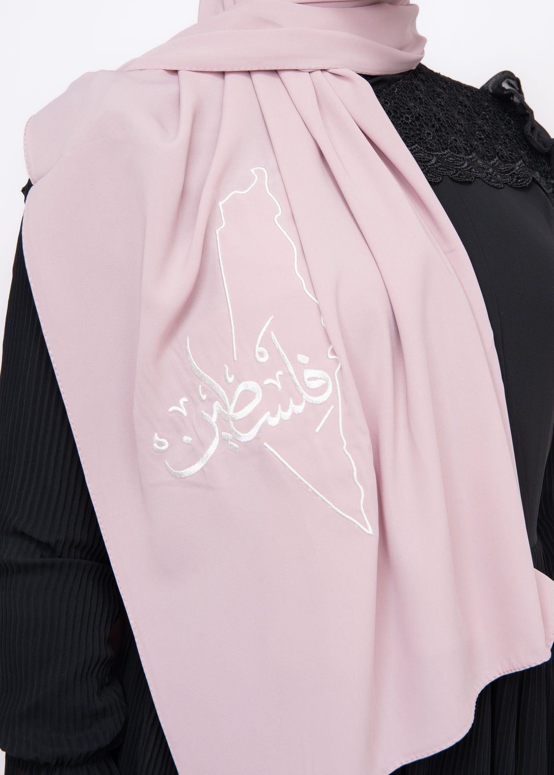 Zaytoon Gift Shawl Light pink polyester shawl with Palestine map and Palestine word embroidery in white