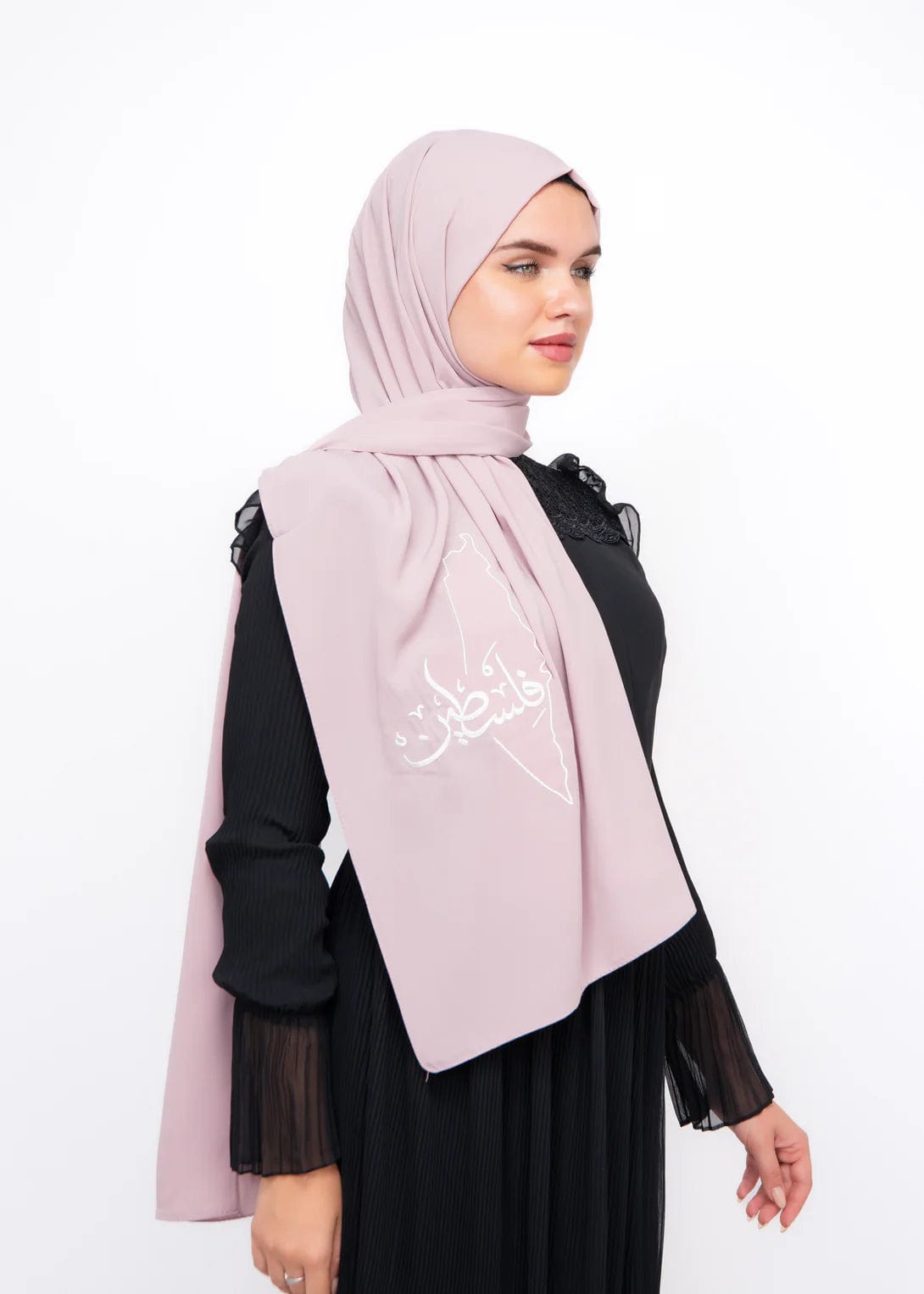 Zaytoon Gift Shawl Light pink polyester shawl with Palestine map and Palestine word embroidery in white