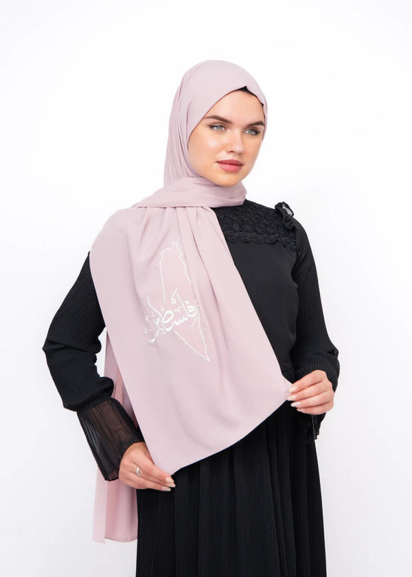 Zaytoon Gift Shawl Light pink polyester shawl with Palestine map and Palestine word embroidery in white