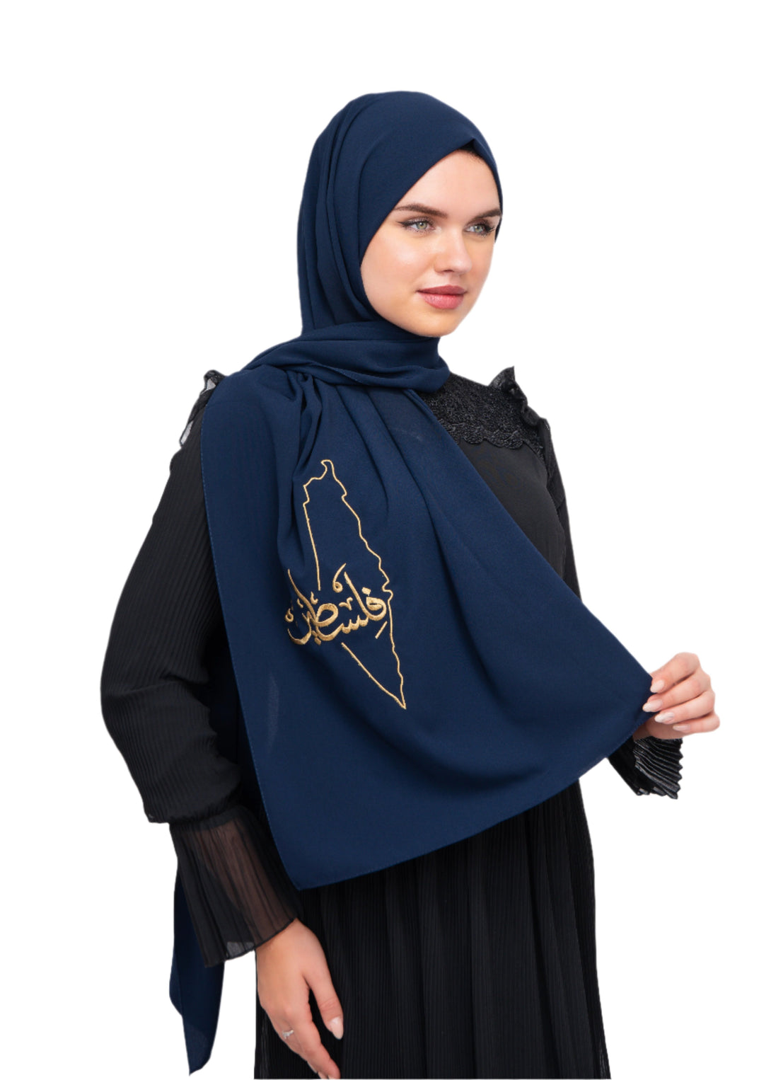 Zaytoon Gift Shawl Navy blue polyester shawl with Palestine map embroidery and the word Palestine in gold