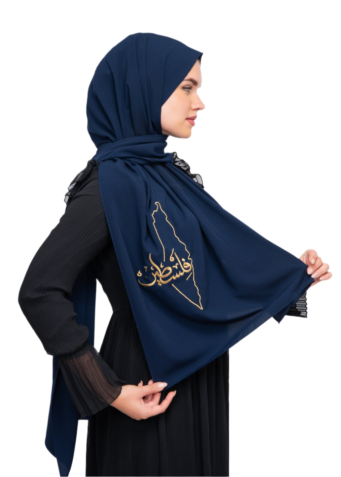 Zaytoon Gift Shawl Navy blue polyester shawl with Palestine map embroidery and the word Palestine in gold