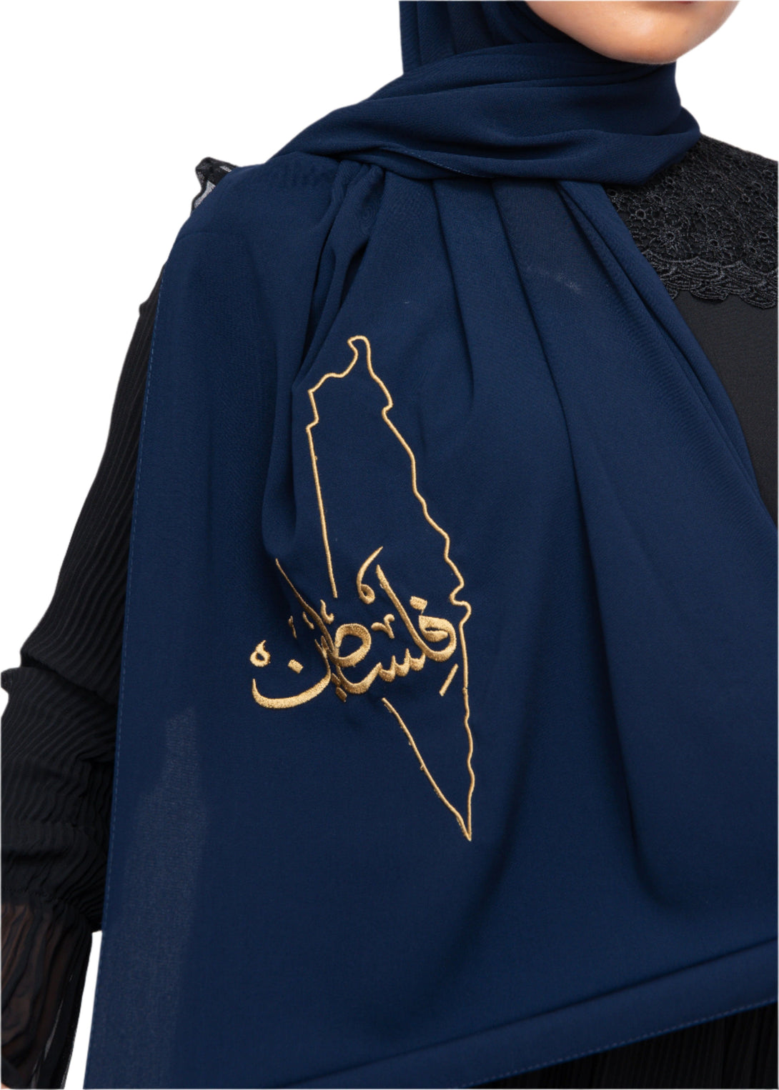 Zaytoon Gift Shawl Navy blue polyester shawl with Palestine map embroidery and the word Palestine in gold