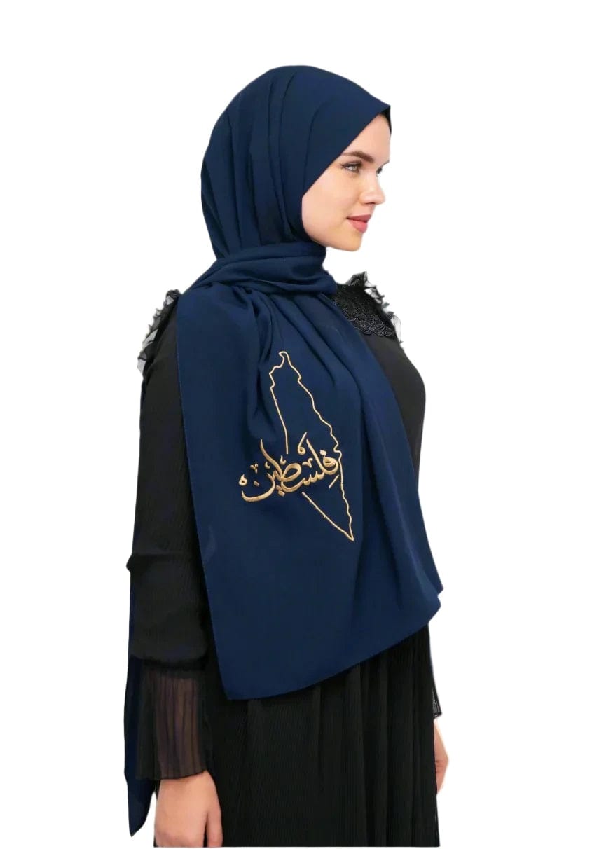 Zaytoon Gift Shawl Navy blue polyester shawl with Palestine map embroidery and the word Palestine in gold