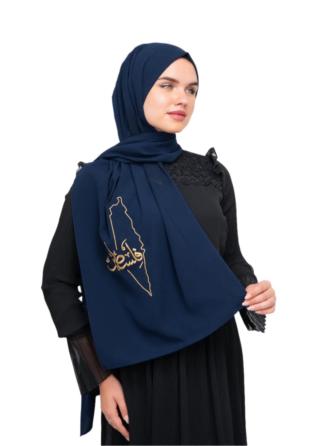 Zaytoon Gift Shawl Navy blue polyester shawl with Palestine map embroidery and the word Palestine in gold